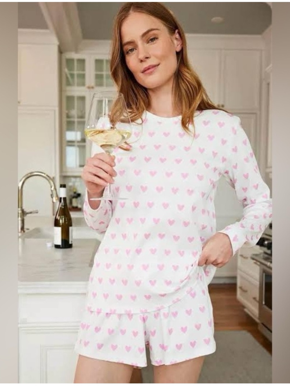 Lake White Pink Heart Print Long Sleeve Shirt and Short Pajama Set- M